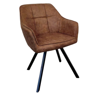 Pohodlné otočné prešívané jedálenské kreslo, tmavohnedá látka, kov čierny