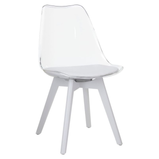 Plastová jedálenská stolička transparentná, biela ekokoža, biele nohy