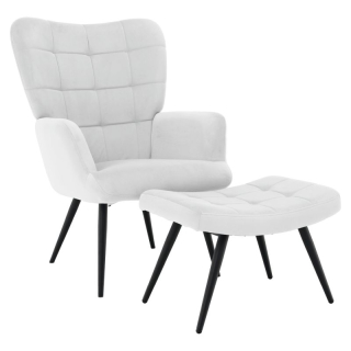 Kreslo s podnožou, svetlosivá látka, čierne kovové nohy