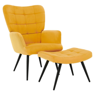 Kreslo s podnožou, žltá látka, čierne kovové nohy