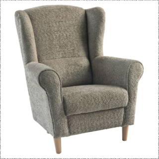 Dizajnové kreslo ušiak, sivobéžová Taupe Bouclé, drevené nohy