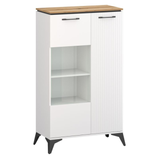 Moderná nízka vitrína, 1D1W, biela, dub evoke