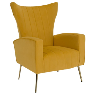 Nadčasové relaxačné kreslo, žltá Velvet látka, zlaté nohy