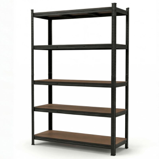 Regál kovový, 120cm, čierny, s MDF policami, 5 úrovní