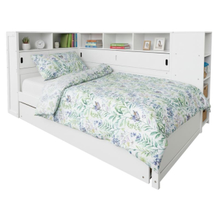 Posteľ 90x200 s prístelkou, regálom a úložným priestorom, biela
