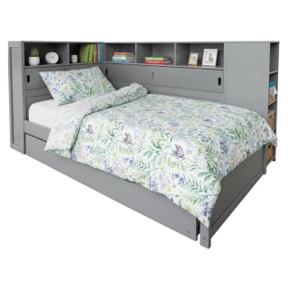 Posteľ 90x200 s prístelkou, regálom a úložným priestorom, sivá