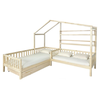 Montessori posteľ pre 2 deti 90x200 + 70x140 s roštom, prírodná