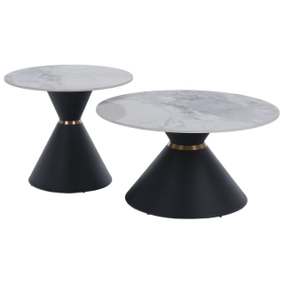 Konferenčné stolíky okrúhle, set 2 ks, biely mramor-čierny-zlatý