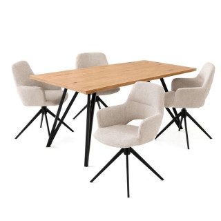 Jedálenský set so 4 stoličkami, 160x90cm, krémová látka, masív dub