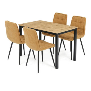 Jedálenský set so 4 stoličkami, 110x70cm, žltá látka, MDF divoký dub
