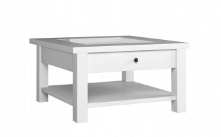 Konferenčný stolík obsahuje jednu zásuvku, biely