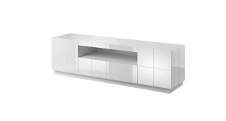 RTV stolík s dvoma dvierkami a dvoma spojenými zásuvkami, biely vysoký lesk