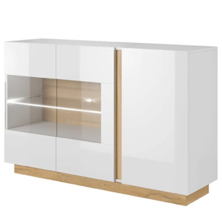 Komoda bez úchytiek trojdverová so sklom, biela-dub grandson