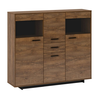 Komoda, 4 skrinky, zásuvka a otvorený priestor, dub bolzano-čierna