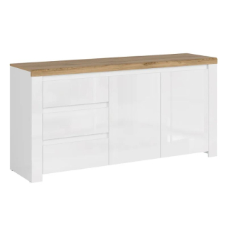 Komoda v modernom štýle, 3 zásuvky, 1 skrinka, biely lesk-dub wotan