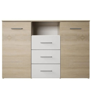 Trojzásuvková komoda s dvomi dvierkami, dub sonoma-biela