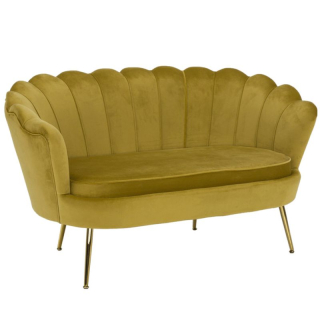 Lavica v štýle Art-deco, horčicová Velvet látka-gold chróm-zlatý