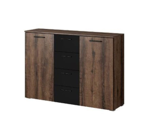 Komoda 2x dvierka a 4x zásuvka, dub monastery-čierne sklo