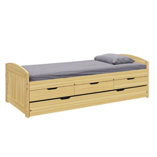 Posteľ s prístelkou a šuplíkmi z borovicového dreva, prírodná
