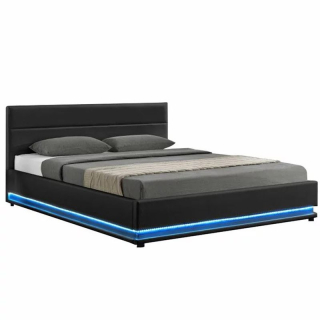 Manželská posteľ s bielym osvetlením, čierna ekokoža, 160x200