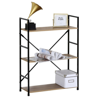 Regál, 3 police, dekor dub-čierny lak s výstuhou v tvare X