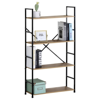 Regál, 4 police, dekor dub-čierny lak s výstuhou v tvare X