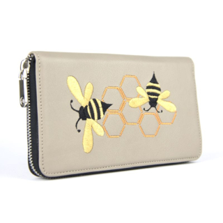 Módna dámska vyšívaná kožená peňaženka č.8606 s motívom Včeličiek, béžová farba