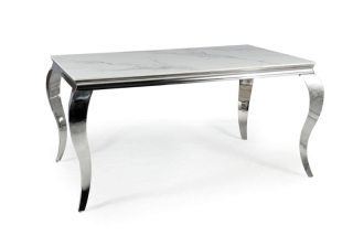 Moderný stôl do jedálne, doska z tvrdeného skla 180 ,biela calacatta-chróm